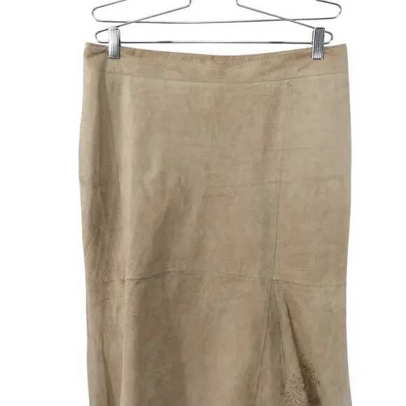 OLSEN EUROPE! FAWN BEIGE/TAN GENUINE SUEDE LEATHER GORED FULL A-LINE SKIRT!SZ 12 - Picture 3 of 14